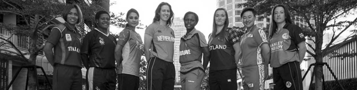 ICC Women’s Cricket World Cup team members in black and white photograph.