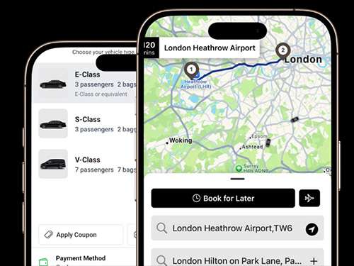 REAL Transfers app mockup showing vehicle selection and London Heathrow airport route.