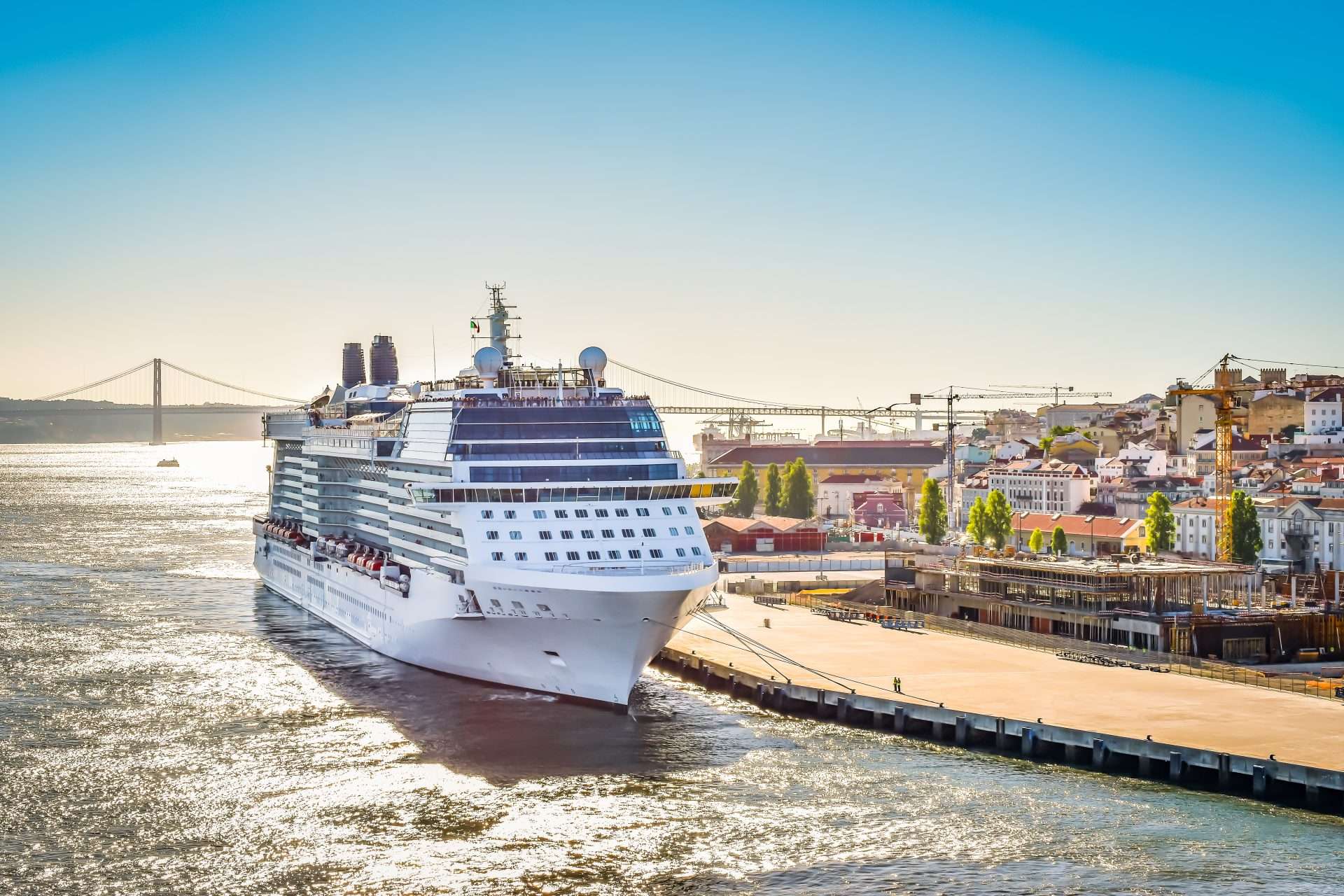 Luxury cruise ship docked and private car transfer service to major cruise terminals