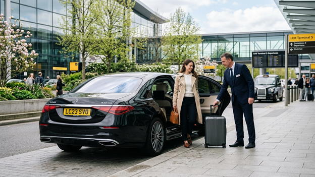 REAL Transfers chauffeur service at airport terminal with luggage and passengers