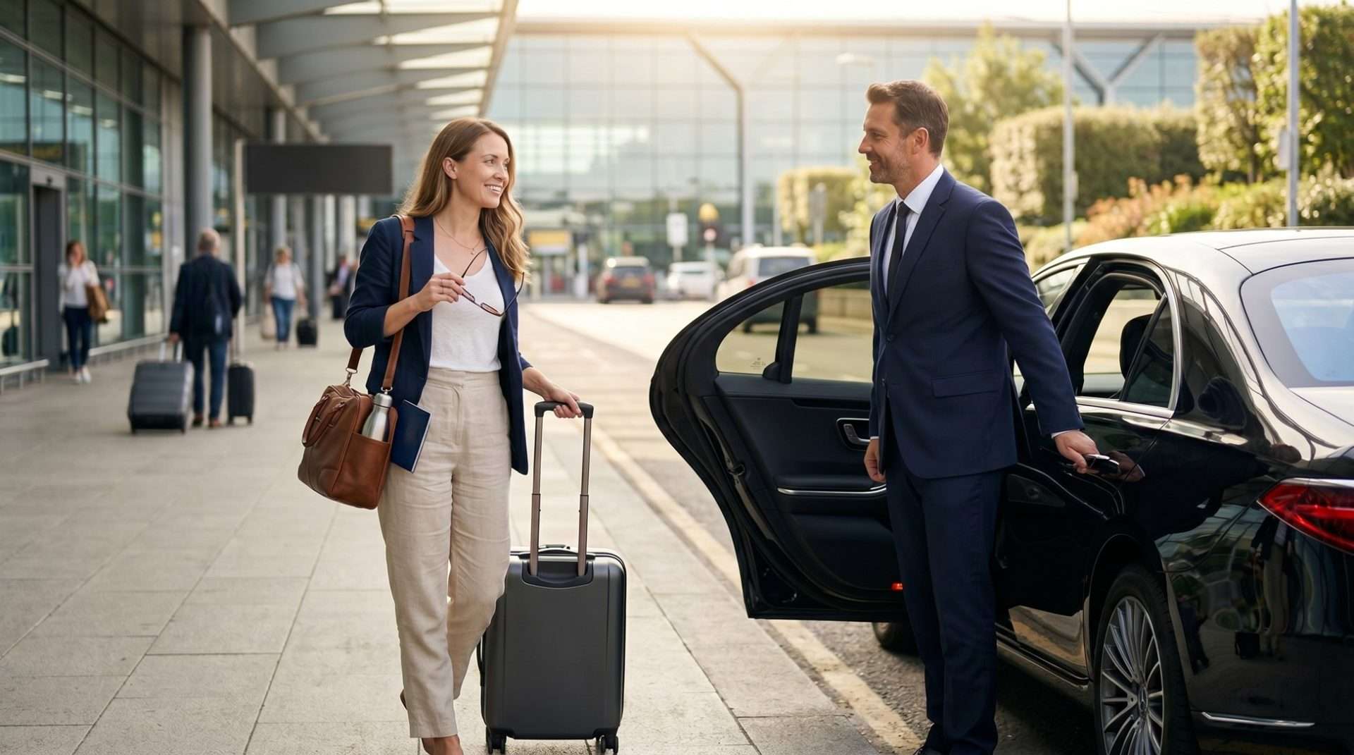 Couple exiting airport and entering luxury car for stress-free airport transfer with REAL Transfers.