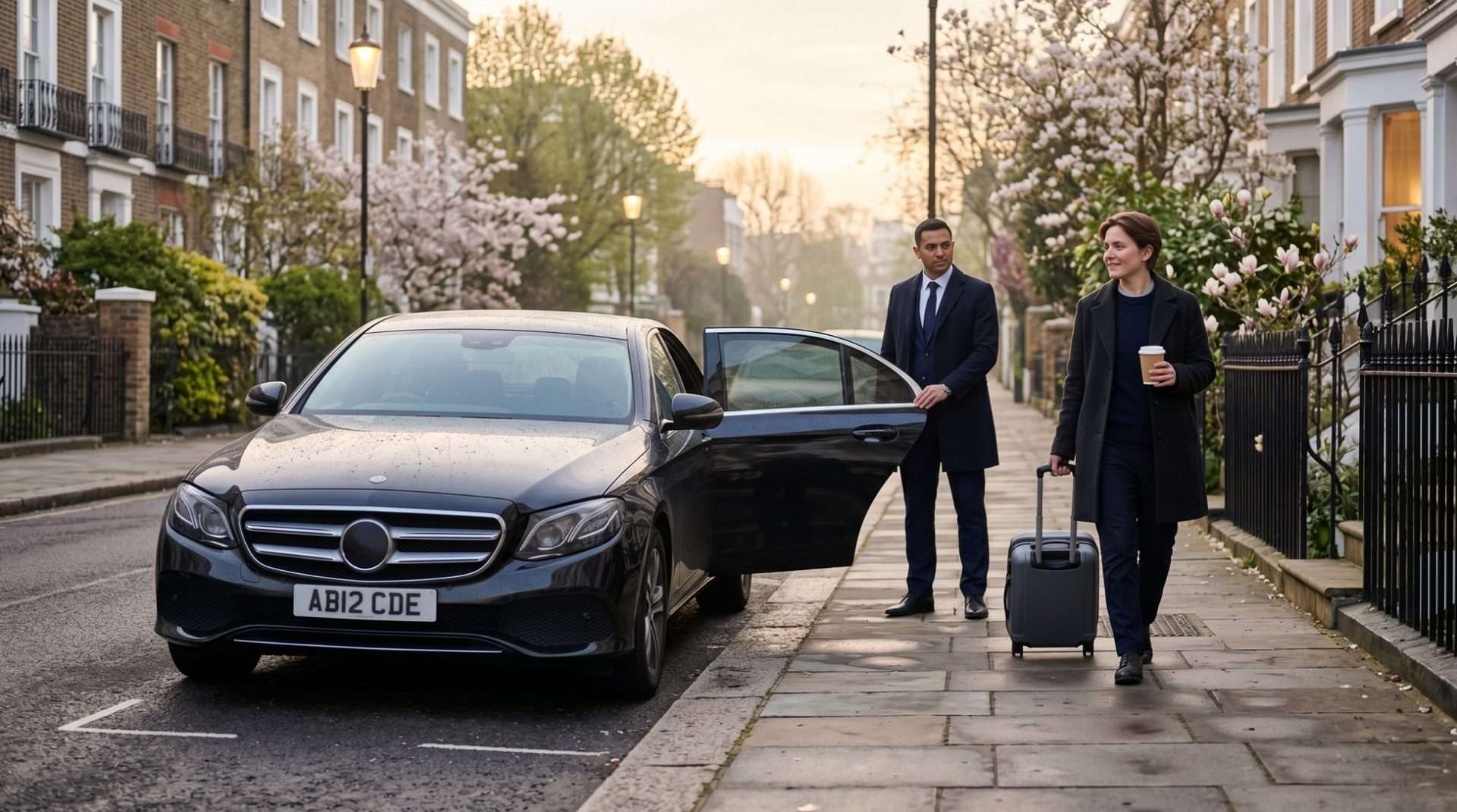 Stress-free airport transfer in London, passenger exiting car with luggage and coffee