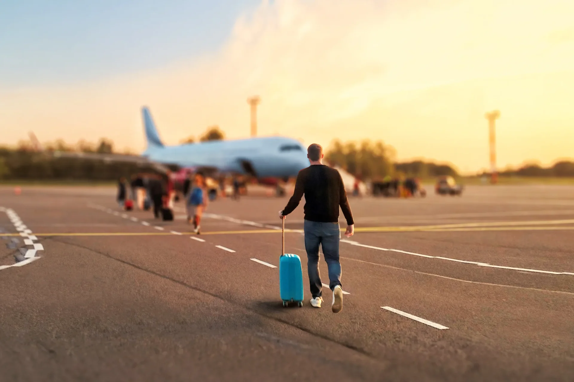 Man with suitcase walking towards airport plane, stress-free airport transfers and summer travel.