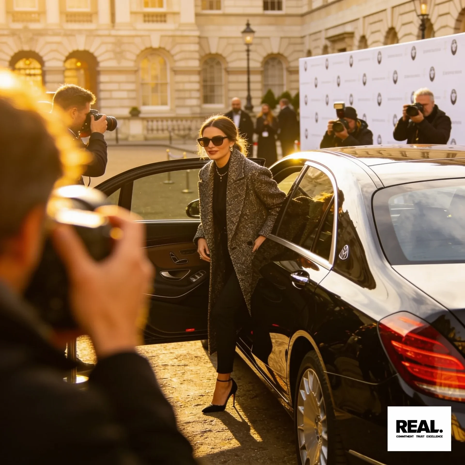 Stylish woman exiting Mercedes S-Class car at London Fashion Week, photographers capturing the moment, luxury